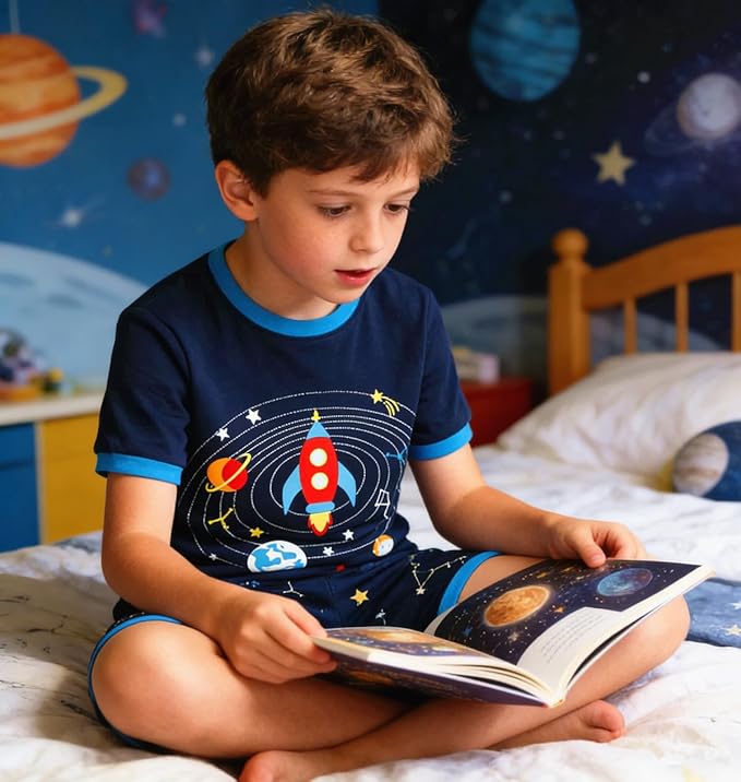 Popshion Boys Pajamas 100% Cotton Toddler Clothes Summer Pjs for Boy Planet Dinosaur Sleepwear Kids Short Sets 2-10 Years