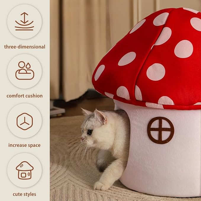 Cute Cat Bed Cave for Indoor Highland Mushroom Shaped Pet Plush House Self-Warming Nest Small Dogs Rabbits with Removable Cushion for Puppy Bed with Hanging Toy (Red Mushroom)