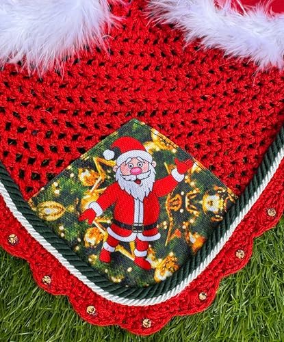 Horse Ear Bonnet Santa Claus Double Hats Fly Hood Ear Net Fly Veil Gift for A Christmas Equestrian Tack Equine (Printing, Horse/Full)