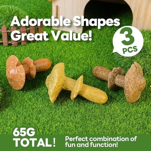TEEWY 3PCS Guinea Pig Chew Toys, Prevent Teeth Overgrowth, Natural Timothy Grass & Vegetables, Hamster Chew Toys, Guinea Pig Toys, Chinchilla Toys, Mushroom-Shaped