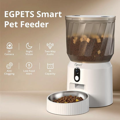 Automatic Cat Feeder with Camera, 2K WiFi Pet Feeder, 4L | 5G & 2.4G Dual-Band WiFi, Night Vision, Two-Way Talk, Call Pet Sound, Custom Portion Control, Low Food Alerts, Easy to Clean