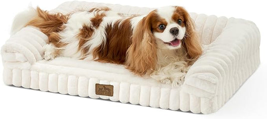 COZY KISS Small Dog Bed, Faux Rabbit Fur Orthopedic Foam Dog Bed with Sides, Removable Washable Cover & Waterproof Lining, Comfortable Pet Couch, Cream (30" L x 20" W x 6" Th)
