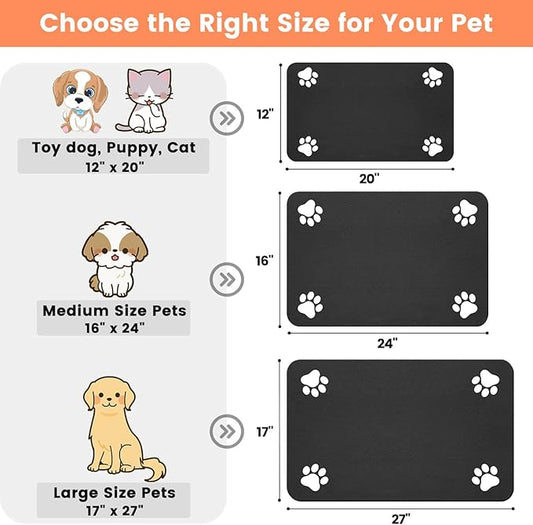 Pet Feeding Mat-Absorbent Pet Placemat for Food and Water Bowl, with Waterproof Rubber Backing, Quick Dry Water Dispenser Mat for Dog and Cat (20"x12", Black)
