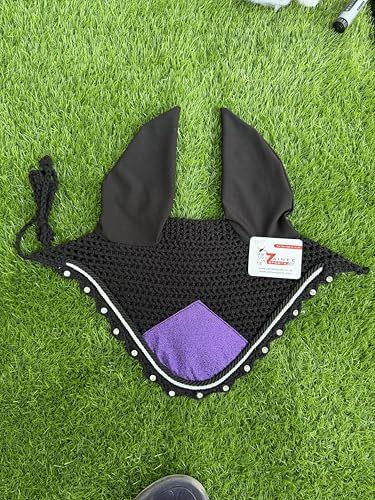 Horse Ear Bonnet for Horses – Handmade Crochet Fly Veil with Crystal Stones, Glitter Patch, Breathable Stretch Ears, Horse Fly Bonnet Ear Bonnet for Riding
