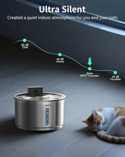 NPET Wireless Cat Fountain Stainless Steel, 1Gallon/135oz Battery Operated Automatic Pet Drinking Fountain - Cordless Dog Water Dispenser with 4 Replacement Filters for Cats Indoor