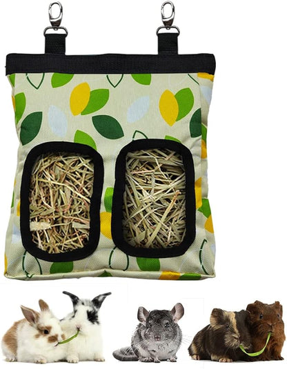Guinea Pig Hay Feeder, Hanging Rabbit Hay Feeder Bag for Guinea Pigs Bunnies Chinchillas. M, Green Leaves