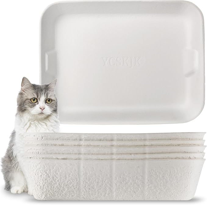Disposable Cat Litter Box, Sturdy and Durable, Extra Thick, Large Size - 16.2"x12.6"x3.9", Water Resistant and Sustainable, Disposable Litter Boxes for Cats (White, 5-Pack)