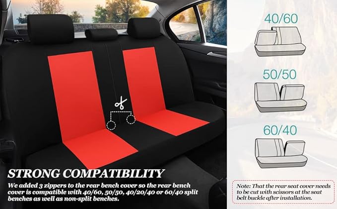 Tapha Universal Car Seat Covers Full Set - Front and Rear Split Bench, Easy to Install, Breathable and Washable Universal Interior Covers for Auto, SUV, Sedan, Van, Airbag Compatible, Black & Red