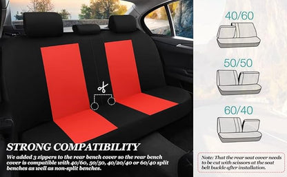 Tapha Universal Car Seat Covers Full Set - Front and Rear Split Bench, Easy to Install, Breathable and Washable Universal Interior Covers for Auto, SUV, Sedan, Van, Airbag Compatible, Black & Red