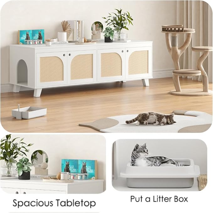 FONTOI Rattan Cat Litter Box Enclosure with Decorated Doors, Wooden Pet Washroom with Two Entrances, Double Hidden Litter House with Non-Slip Feet, Enclosure Furniture Cabinet for Two Cats