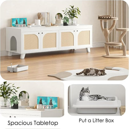 FONTOI Rattan Cat Litter Box Enclosure with Decorated Doors, Wooden Pet Washroom with Two Entrances, Double Hidden Litter House with Non-Slip Feet, Enclosure Furniture Cabinet for Two Cats