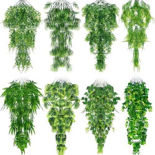 Suncalla 8 Pack Reptile Plants Terrarium Hanging Plant Vine Boston Climbing Terrarium Plant with Suction Cup for Bearded Dragons Lizard Crested Gecko Snake Crab Tank(Lush Series,Multiple Green)