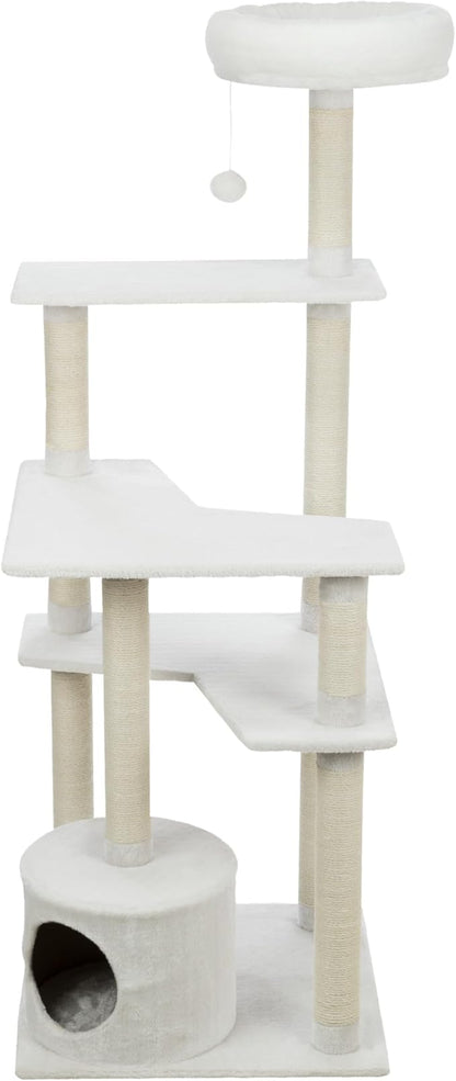 TRIXIE Seli Cat Tree – Cat Tower with Sisal Posts, Condo, Padded Platforms & Hanging Toy – Cat Furniture for Indoor Cats – Cream, 21.1" x 21.1" x 59.1"