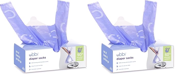 Ubbi Disposable Diaper Sacks, Lavender Scented, Easy-To-Tie Tabs, Diaper Disposal or Pet Waste Bags, 200 Count (Pack of 2)