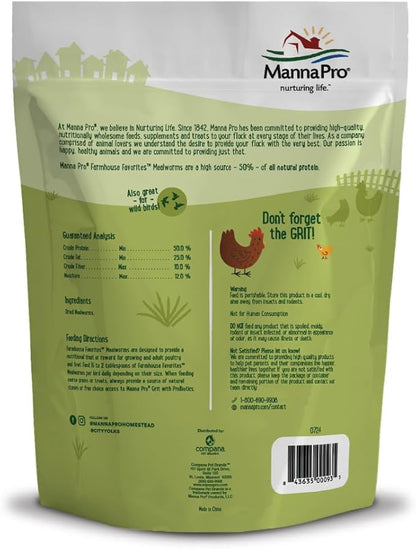 Manna Pro Farmhouse Favorites Mealworms Poultry Treat - Protein Treat for Poultry - Chickens, Turkeys, Ducks, Geese, and Guinea Fowl - Contains 50% Protein - 100% Natural Poultry Snack - 10oz