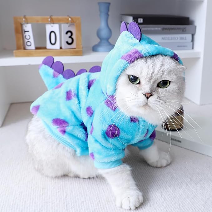 Dinosaur Dog Clothes for Small Dog Girl Boy, Fleece Winter Puppy Hoodies with Leash Ring, Cold Weather Coat for Cat, Funny Dinosaur Costume for Christmas Halloween. (Blue-2, Small)