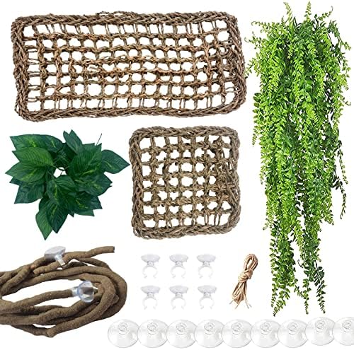 Bearded Dragon Tank Hammock,Natural Seagrass Reptile Lounger Hammocks Decor Flexible Leaves Jungle Climber Vines Habitat Accessories for Lizard Chameleon Gecko Snakes(5 PCS)