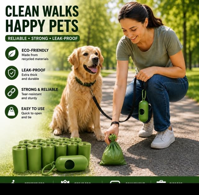 Dog Poop Bags Rolls with 1 Dispenser 270 Count (18 Rolls, 15 Bags per Roll), Leakproof, Unscented, Includes Leash Clip, Thick Strong, 8.5"W x 11.5"L