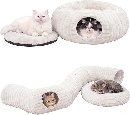 Dogpals Ultra-Soft Cat Tunnel Bed - Soft Washable Cushion, Peekaboo Hideaway Cave for Indoor Cats, Kittens, Puppies, and Rabbits - Deluxe Upgraded with Luxurious Striped Hare-Feel Fabric (White)