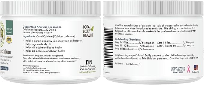 Wholistic Pet Organics Pure Powder Calcium for Dogs and Cats - Supports Strong Bones, Teeth & Muscles - Sea Coral Cat and Dog Calcium Supplement with 72 Trace Minerals - Pet Food Topper - 60 Scoops