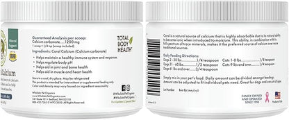 Wholistic Pet Organics Pure Powder Calcium for Dogs and Cats - Supports Strong Bones, Teeth & Muscles - Sea Coral Cat and Dog Calcium Supplement with 72 Trace Minerals - Pet Food Topper - 60 Scoops