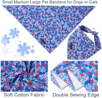 Spring Summer Dog Bandana, Red & Blue Floral Puppy Bandana for Small Medium Dog, Cotton Flower Pet Triangle Bid Scarf Kerchief for Girl Boy Dogs or Cats