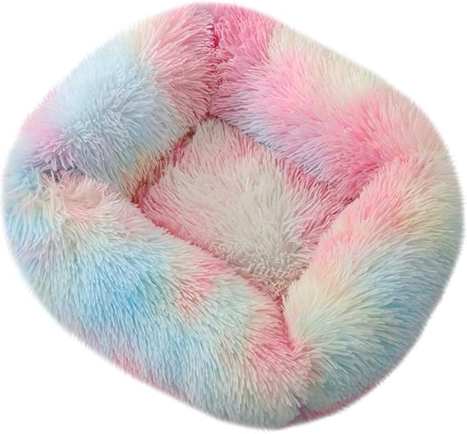 La La Pet® Donut Dog Cat Bed Cozy Cave Pet Bed Burrow Dog Bed Calming Cuddler Self-Warming Pet Bed Soft Plush Pet Cushion Improved Sleep for Cats Small Medium Dogs Rainbow L