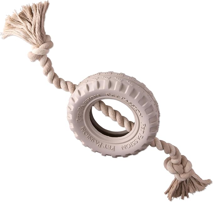 Pet Passion Natural Rubber Tire and Organic Cotton Rope Pull and Chew Dog Toy for All Pet Breeds, Almond Milk, Small