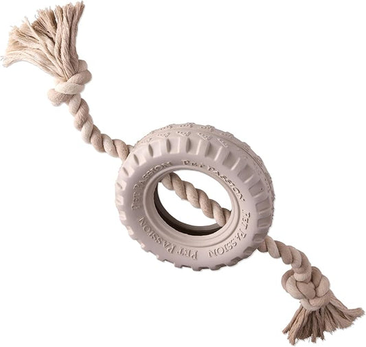 Pet Passion Natural Rubber Tire and Organic Cotton Rope Pull and Chew Dog Toy for All Pet Breeds, Almond Milk, Small