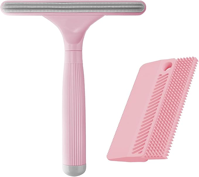 2 Pack Reusable Pet Hair Remover and Fabric Lint Scraper Set, Pink | Double-sided lint remover and flexible fabric scraper for dog cat hair on clothes, sofas, bedding, rugs and car seats.
