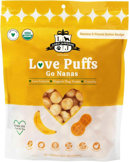 Lord Jameson Go Nanas | Light & Crunchy Love Puffs Collection | Organic Dog Treats, Peanut Butter and Banana Recipe, Gluten-Free, Preservative-Free, USDA Certified Organic. Made in USA