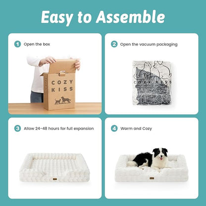 COZY KISS Orthopedic Dog Bed for Large Medium Size Dog, Soft and Warm Faux Fur Sofa for Pet Up to 75 lbs, Foam Bolster Anti-Slip Couch with Washable Removable Cover, L 36x27x6.5 inch, Beige