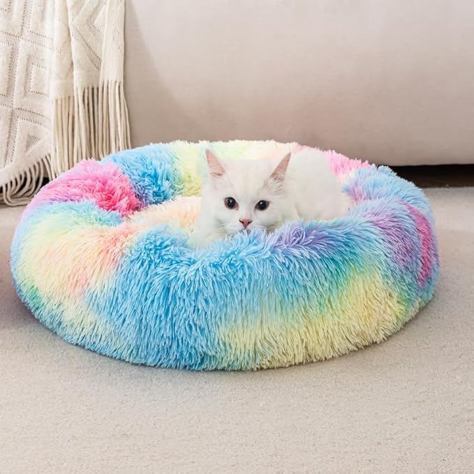 Donut Cat Bed Dog Bed Plush Faux Fur Fluffy Non-Slip Soft Indoor Cozy Supportive Bolster for Puppy and Pet Cat Cushion Rabbit Pillow for 3KG
