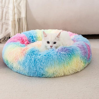 Donut Cat Bed Dog Bed Plush Faux Fur Fluffy Non-Slip Soft Indoor Cozy Supportive Bolster for Puppy and Pet Cat Cushion Rabbit Pillow for 3KG
