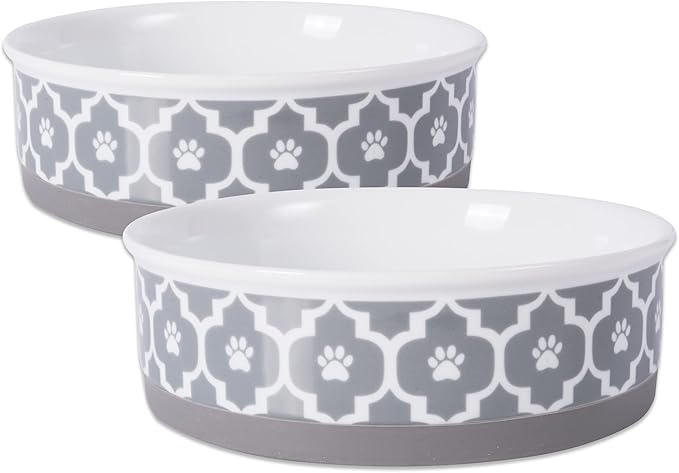 Bone Dry Paw Print Ceramic Pet Bowl, Lattice Collection, Large Set, 7.5x2.4", Gray, 2 Count