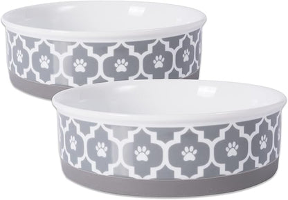 Bone Dry Paw Print Ceramic Pet Bowl, Lattice Collection, Large Set, 7.5x2.4", Gray, 2 Count