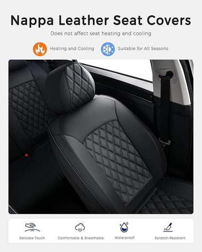 Huidasource Front Seat Covers, Car Seat Covers Front Seats Nappa Leather, Side Elastic Fabric, Compatible with Airbags, Seat Belts, Universal Fit for Most Cars, Vans, Trucks, SUV (Front Pair/Black)