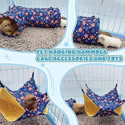 EAEDMY Guinea Pig Rat Tunnel Ferret Hammock, Small Animal Corner Tunnel & Tubes & Bed for Hedgehog Piggy Chinchilla Hideout Toys and Cage Accessories (3.Hammock&Tunnel)
