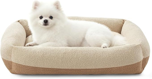 FURTIME Washable Small Dog Bed, Rectangle Comfy Fluffy Kitten Puppy Bed, Removable Zipper Cover Machine Wash, Breathable Orthopedic Bed Durable Pet Cuddler with Anti-Slip Bottom, 20x19x6 in, Beige