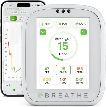 BREATHE Airmonitor Plus: Smart Air Quality Monitor Indoor - 8-in-1 CO2 Meter, Formaldehyde Detector, VOC Meter, PM1/2.5/10, Temperature & Humidity - Air Quality Tester for Home with App