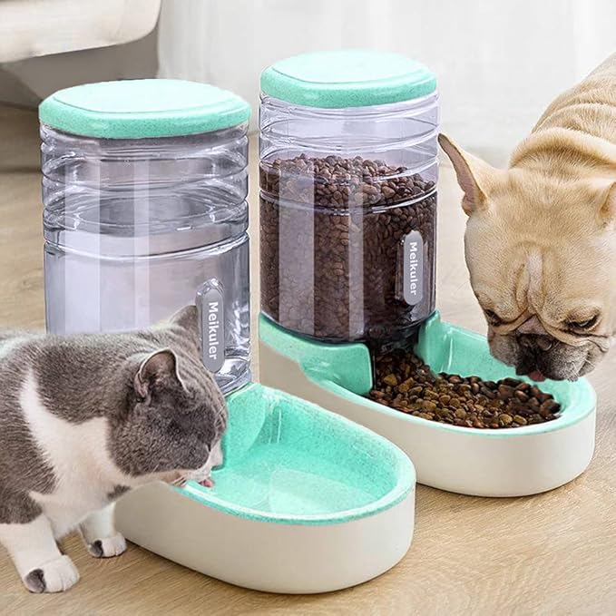 Meikuler Automatic Dog Cat Feeder and Water Dispenser Set,Waterer and Gravity Food Feeder for Small & Medium Dogs Cats Puppies,Large Capacity 1 Gallon x 2 (Green)