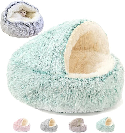 Keep Warm Lapcatz Nest Bed - Round, Fluffy, Hooded Cat Bed Cave with Anti-Slip Bottom and Machine Washable Cover for Small to Medium Pets (Green, Medium)