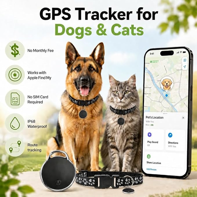 GPS Tracker for Dogs/Cats, Real-Time Tractive GPS Dog Tracker Device | Dog/Cat Tracker Pet Location Tracking with Collar, No Monthly Fee/No SIM Card, Works for iOS Find My, IP68 Waterproof