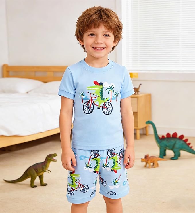 Popshion Boys Pajamas 100% Cotton Toddler Clothes Summer Pjs for Boy Planet Dinosaur Sleepwear Kids Short Sets 2-10 Years