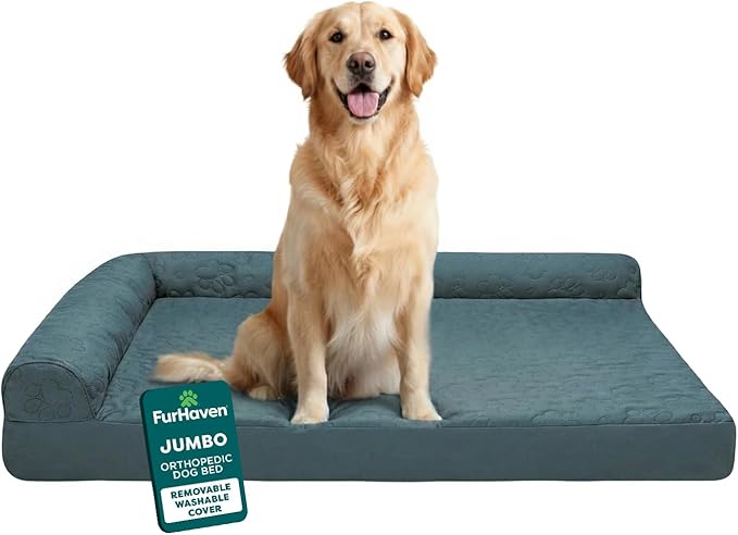 Furhaven Orthopedic Dog Bed for Large Dogs w/ Removable Bolsters & Washable Cover, For Dogs Up to 95 lbs - Pinsonic Quilted Paw L Shaped Chaise - Bluestone, Jumbo/XL