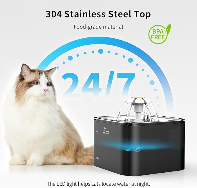 Wonder Creature Crystal Cat Water Fountain Stainless Steel Lid, 101oz/3L | Quiet Pet Fountain with Transparent Base, LED Light, Triple Filtration, 3 Flow Modes for Cats and Dogs, 4 Filters & 4 Sponges