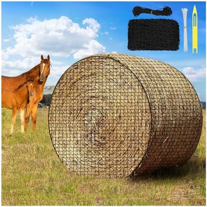 5 x 5 ft Round Bale Hay Net for Horses, with 20 Ropes Netting Comb Zip Tie
