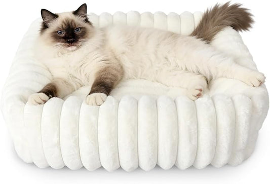Square Cat Beds for Indoor Cats - Washable Small Dog Beds for Small Dogs, Rectangle Corduroy Fleece Pet Bed with Sides and Nonskid Bottom, Calming Fluffy Puppy Bed Soft Pet Sofa 20x19x5inchs, Cream