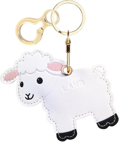 Leather Keychain Holder Case Compatible with AirTag,Cute Protective Cover with Keyring,Anti-Scratch Finder GPS Tracker Case for Wallet Keys,bag,pets,Backpack(White Lamb)