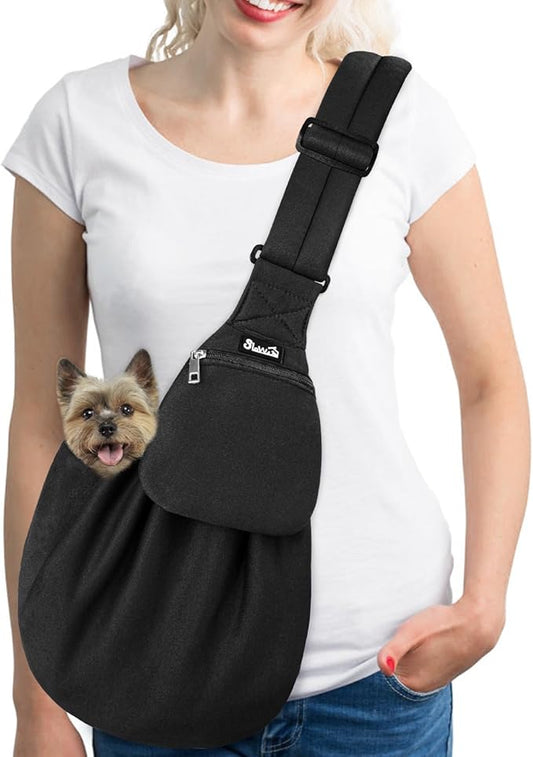 SlowTon Dog Carrier Sling - Thick Padded Shoulder Strap Adjustable Dog Carriers for Small Dogs, Puppy Carrier Purse for Pet Cat with Front Zipper Pocket Safety Belt Machine Washable (Dark Black, M)